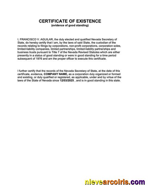 USA Nevada certificate of existence